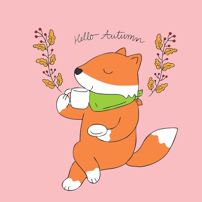 Illustrated fox in a green scarf sipping coffee among autumn berry branches