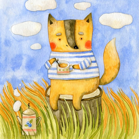 Watercolor fox in a striped sweater drinking tea on a tree stump beside a blueberry teapot