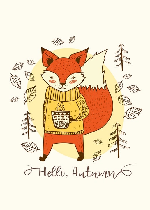 Hand-drawn fox in a knit sweater holding a mug, with ‘Hello, Autumn’ lettering and pine trees