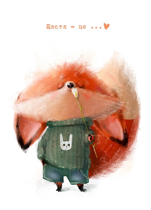 Illustrated fox in a green sweater sniffing a white daisy, eyes closed