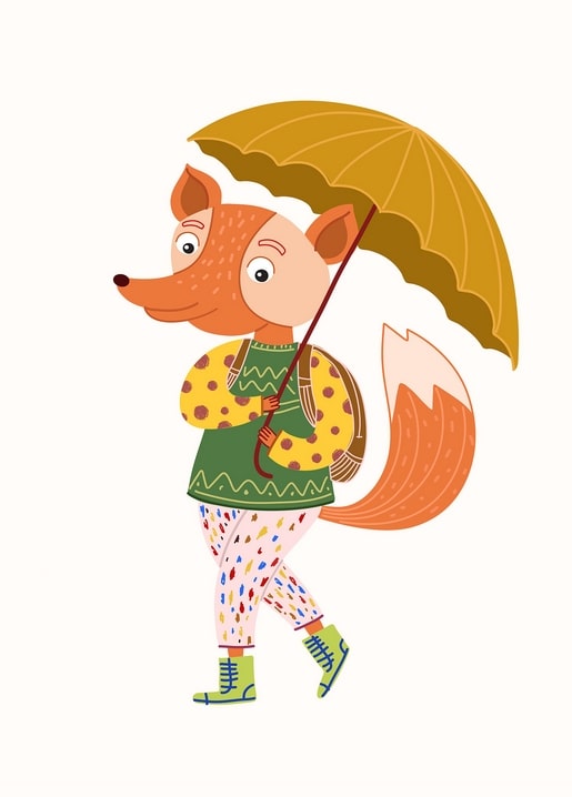 Fox in a green sweater walking with an oversized mustard umbrella