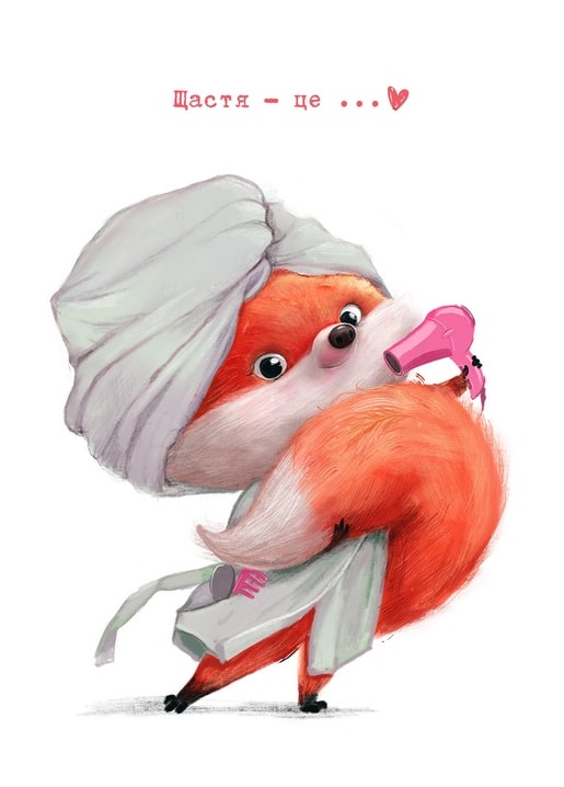 Red fox wrapped in a towel turban drying her fur with a pink hairdryer