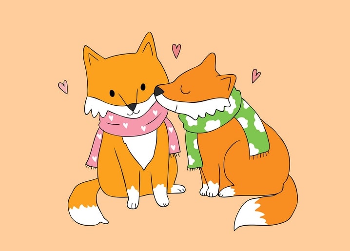 Two orange foxes in scarves nuzzling under floating hearts