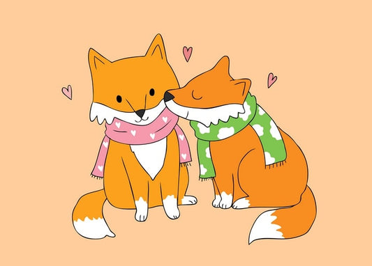Two orange foxes in scarves nuzzling under floating hearts