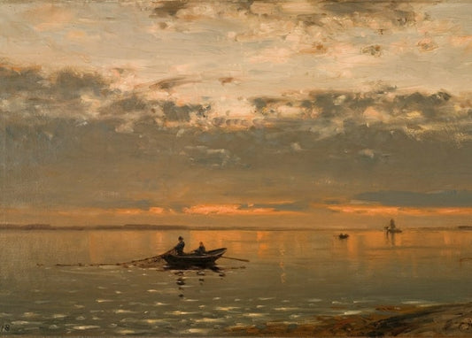 Rowboat crossing a fjord at sunset, painting by Amaldus Nielsen