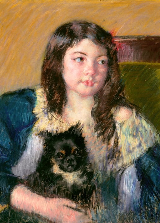 Girl in a blue-green dress holding a small black dog, pastel portrait by Mary Cassatt