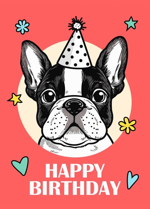 French bulldog puppy in a polka-dot party hat on a coral Happy Birthday postcard