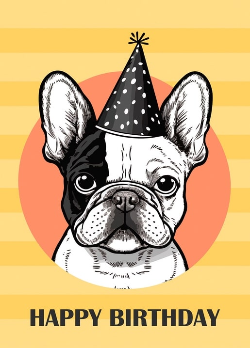 Bold graphic illustration of a French Bulldog puppy in a polka-dot party hat, 'Happy Birthday' text below.