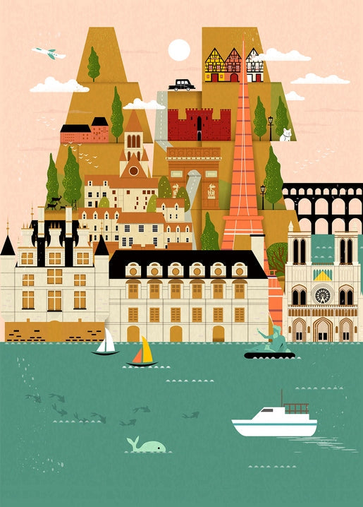 Illustrated skyline collage of Notre-Dame, the Eiffel Tower, a hilltop château, and a harbor with sailboats and a whale.