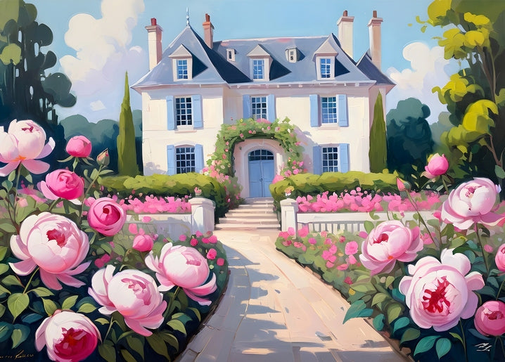 Illustration of a French manor with a slate mansard roof, rose archway, and roses along a cypress-lined path.