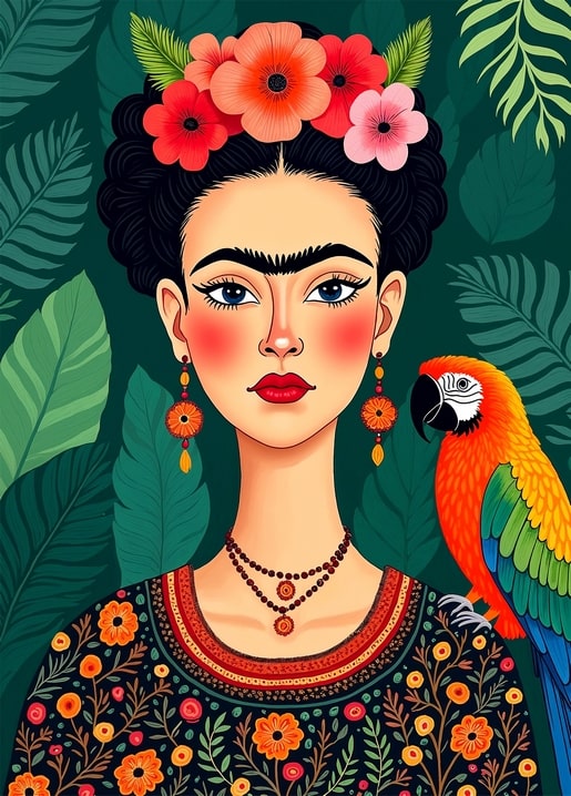 Illustrated postcard of Frida Kahlo with a flower crown and a macaw parrot among tropical leaves