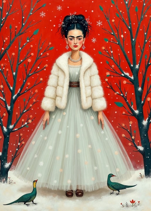 Illustrated postcard of Frida Kahlo in a white fur coat with two birds in the snow