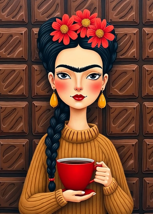 Frida-style illustrated girl holding a red coffee mug against a chocolate-bar background
