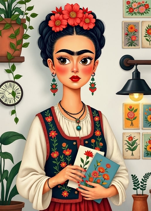 Frida-style illustrated girl holding floral notebooks beside a wall of framed botanical prints