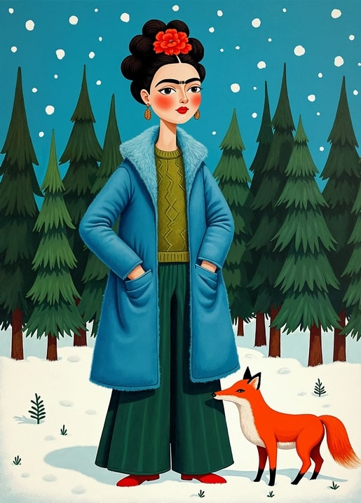 Frida-style illustrated girl in a blue coat walking a snowy pine forest with a red fox