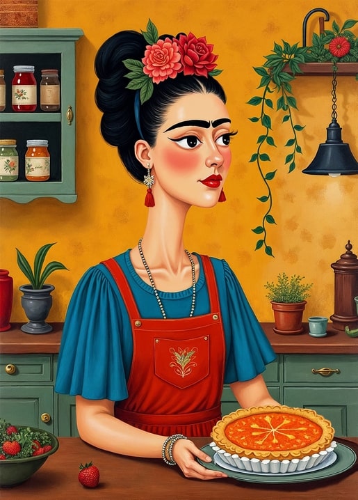 Frida-style illustrated girl holding a fruit pie in a cozy yellow kitchen with jars and strawberries