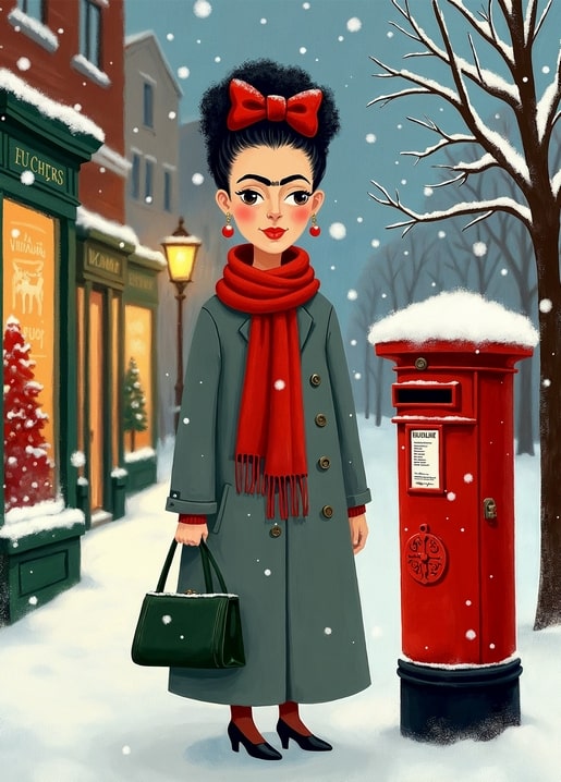 Frida-style illustrated girl in a red scarf standing by a bright red postbox on a snowy street
