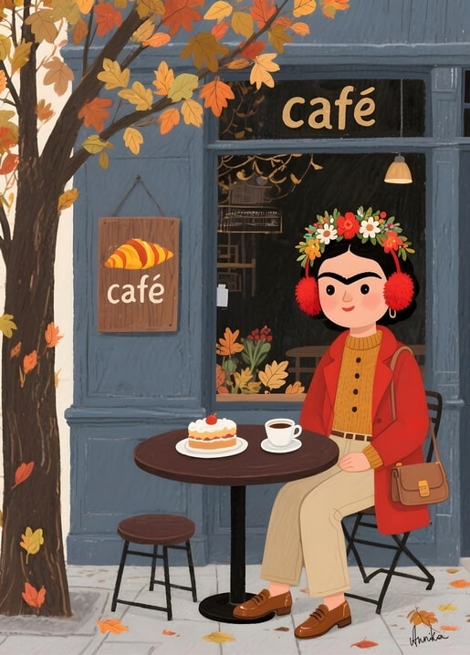Illustrierte Frida-Kahlo-Figur sitzt im Herbst an einem Café-Tisch im Freien
