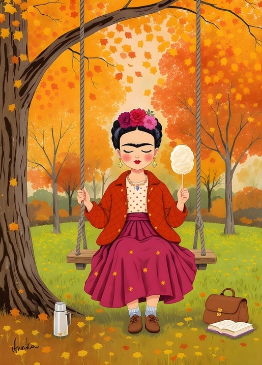 Illustrierte Frida Kahlo schaukelt unter orangefarbenen Herbstbäumen mit Zuckerwatte