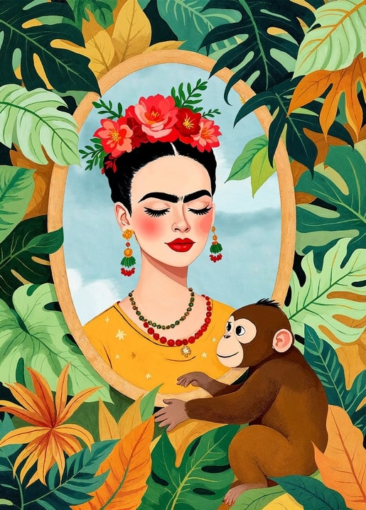 Illustration von Frida Kahlo mit einem Affenbaby zwischen tropischen Blättern