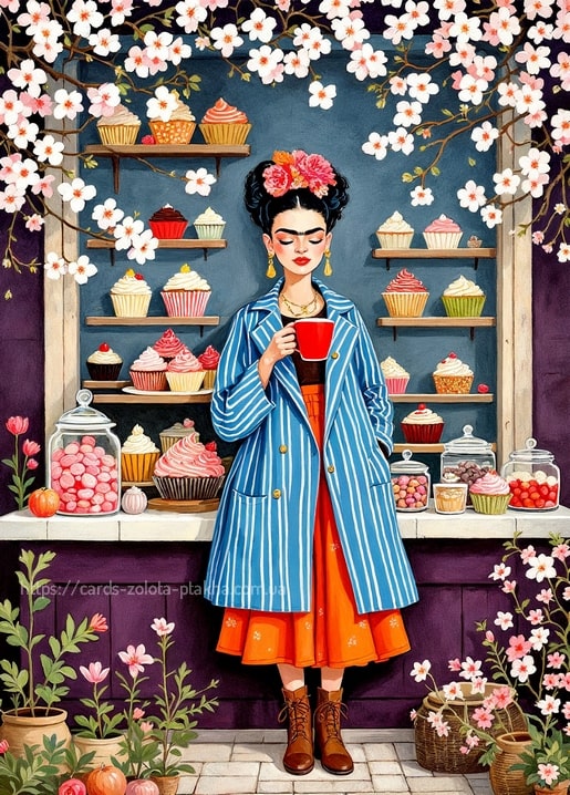 Illustrierte Postkarte: Frida Kahlo trinkt Kaffee vor einer Konditorei mit Cupcakes und Kirschblüten