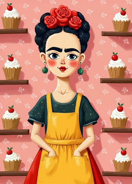 Illustrated postcard of Frida Kahlo in a yellow apron among cupcake shelves