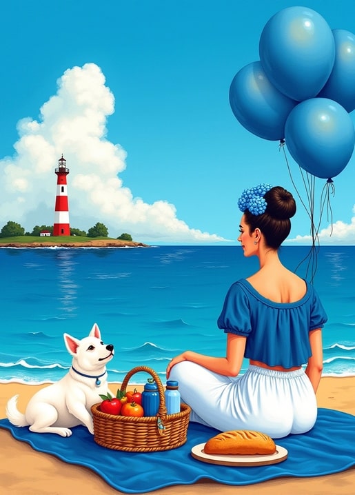 Illustration einer Frau im Frida-Kahlo-Stil beim Strandpicknick mit Hund und Luftballons