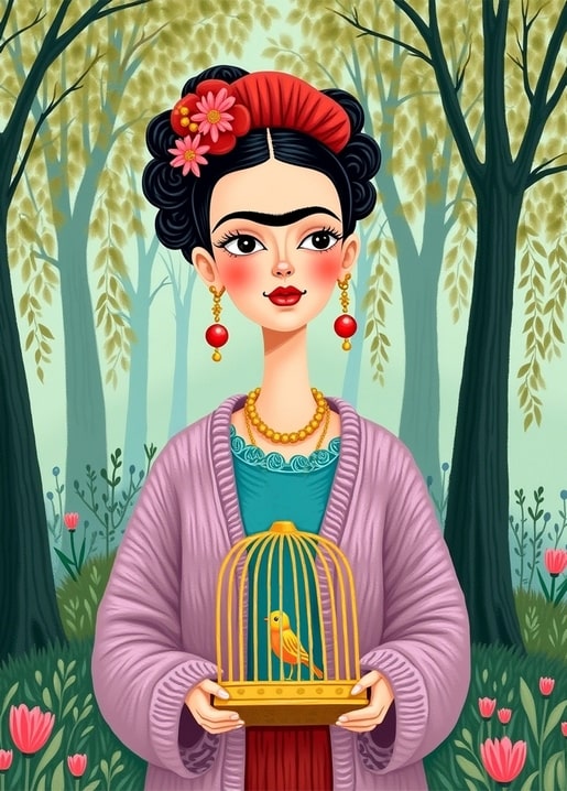 Illustration einer Frau im Frida-Kahlo-Stil mit Vogelkäfig und Singvogel im Weidenwald