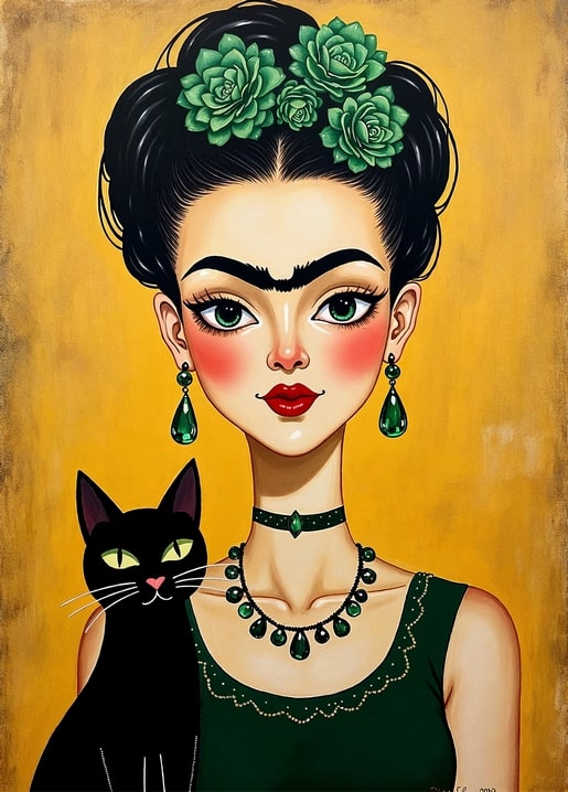 Illustrated portrait of Frida Kahlo holding a black cat, crowned with green succulents on a golden background.