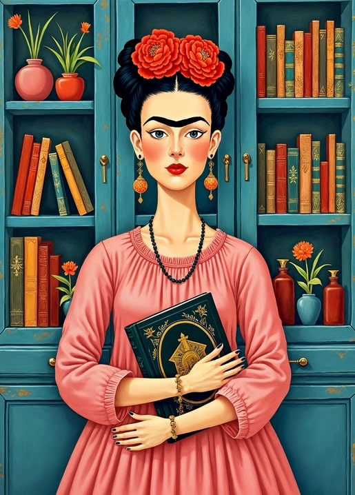 Frida Kahlo-style portrait holding a book in front of a blue bookshelf