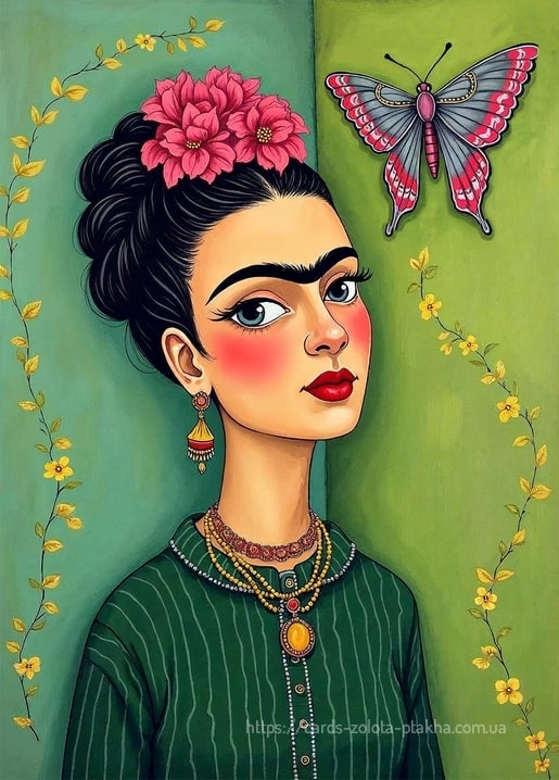 Stilisiertes Porträt von Frida Kahlo mit Blumen im Haar und Schmetterling auf grünem Hintergrund