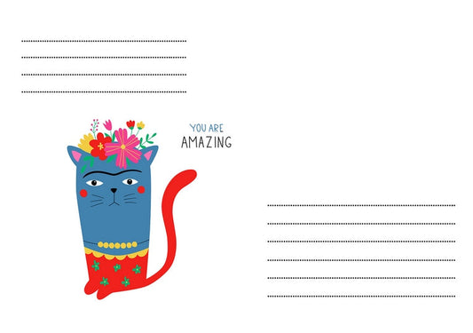 Illustration einer blauen Katze im Frida-Kahlo-Stil mit Blumenkranz und Monobraue neben einer aufmunternden Botschaft.