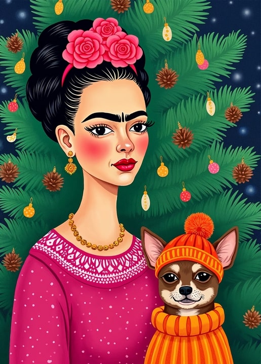 Illustrated portrait cradling a chihuahua in a knitted orange hat beside a snowy pine tree