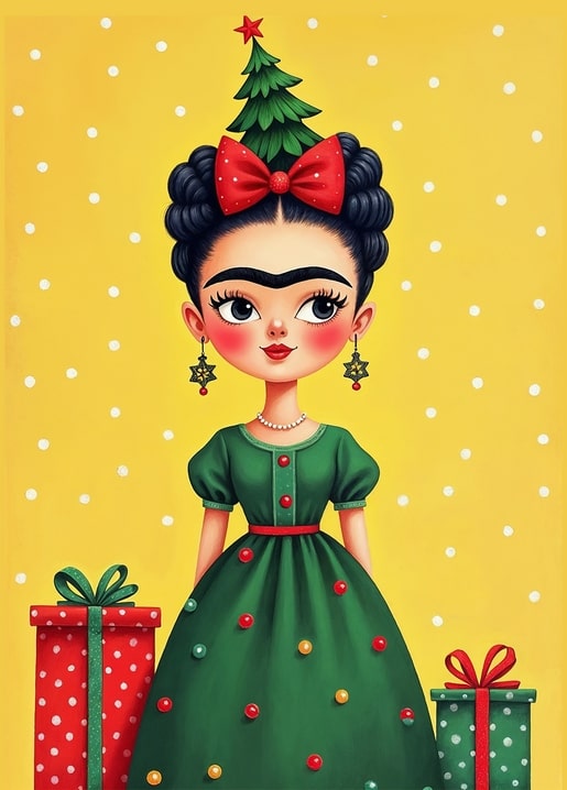 Illustrated postcard of Frida Kahlo with a Christmas tree crown and wrapped gifts
