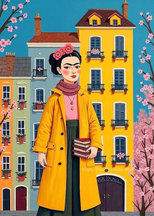 Illustrierte Postkarte: Frida Kahlo im gelben Mantel mit Büchern vor bunten Stadthäusern