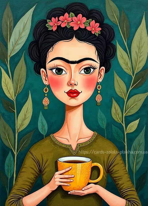 Illustriertes Porträt von Frida Kahlo mit Kaffeetasse, Blumenkrone und grünem Blattwerk