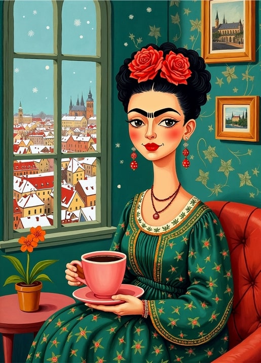 Frida Kahlo illustration sipping coffee in a red armchair beside a window with a snowy European rooftop view.
