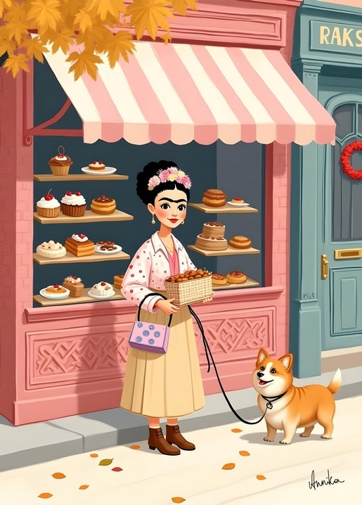 Illustrierte Frida-Kahlo-Figur mit Corgi vor einer rosa Konditorei