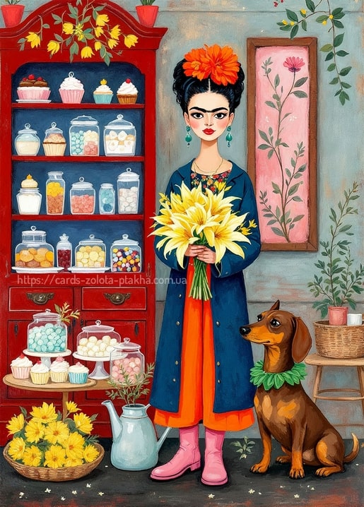 Illustrierte Postkarte: Frida Kahlo mit gelben Lilien und einem Dackel vor einem Süßigkeitenschrank