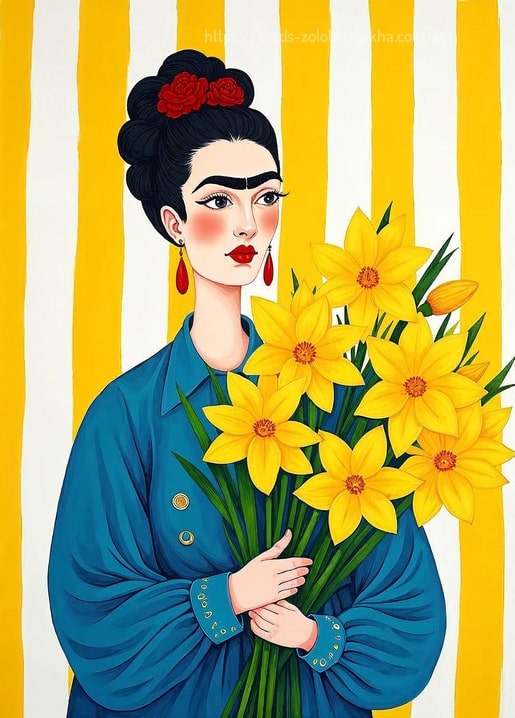 Illustrierte Postkarte: Frida Kahlo im blauen Mantel mit einem Strauß gelber Narzissen vor gestreiftem Hintergrund