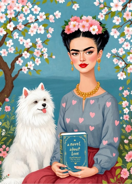 Illustration von Frida Kahlo mit einem flauschigen weißen Hund unter Kirschblüten