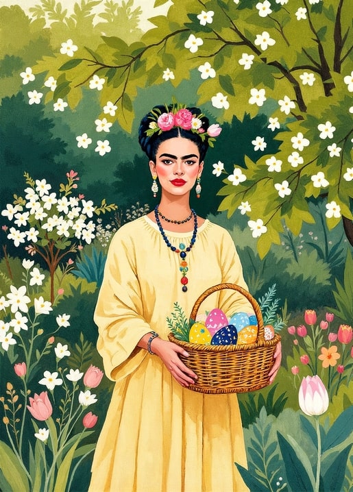 Illustration von Frida Kahlo mit einem Korb bemalter Ostereier im blühenden Garten