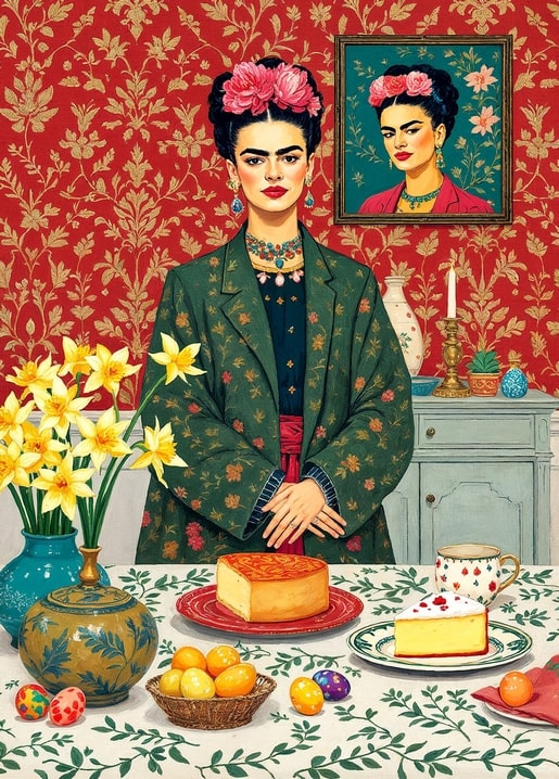 Illustration einer Frau im Frida-Kahlo-Stil am Ostertisch mit Ostereiern und Narzissen