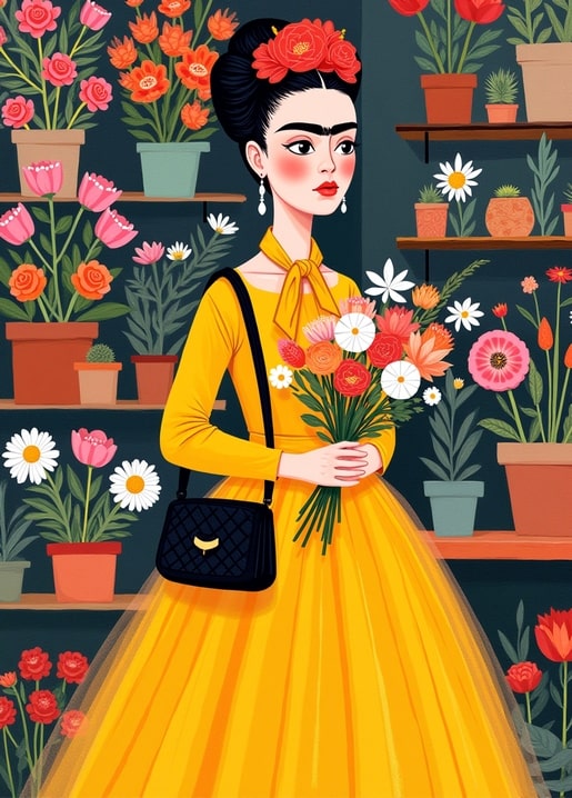 Postkarten-Illustration: Frida Kahlo mit Blumenstrauß zwischen Topfpflanzen auf Holzregalen