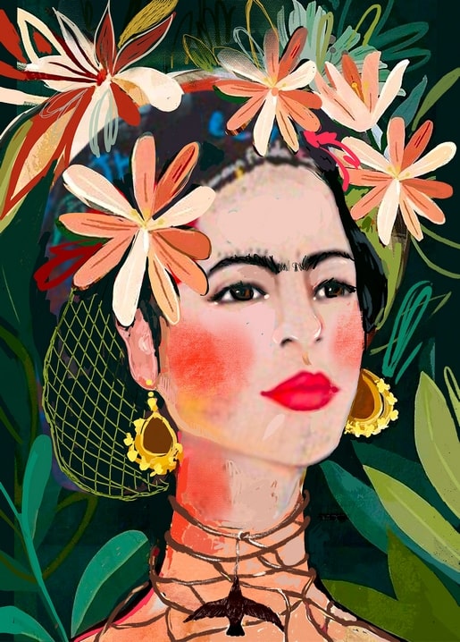 Illustrated portrait of Frida Kahlo with a tropical flower crown, netted veil, and bird pendant necklace