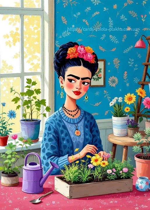 Frida Kahlo ordnet Blumen in einer Holzkiste vor blauer Blumentapete