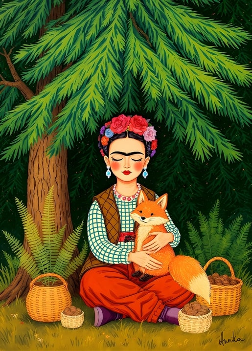 Frida Kahlo hält einen Fuchs unter einer Kiefer, herbstliche Körbe mit Pilzen im Gras