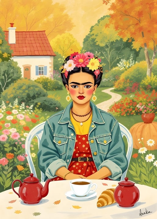 Illustrierte Frida-Kahlo-Figur beim herbstlichen Tee im Garten