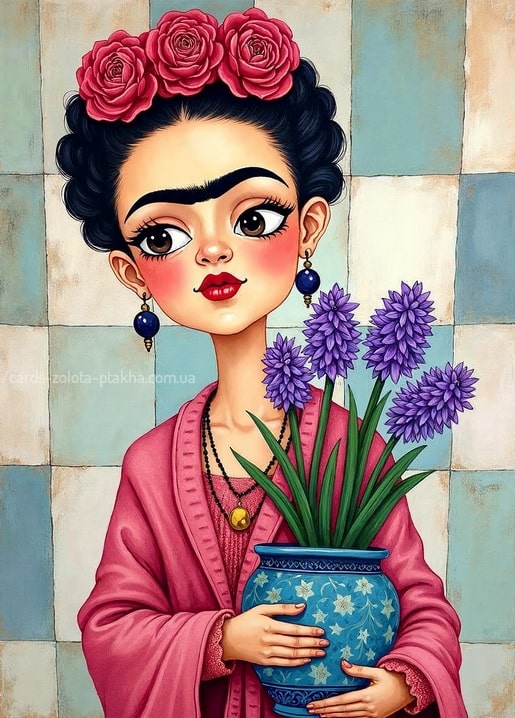 Illustrierte Frida Kahlo mit Rosenkranz und blauer Vase voller violetter Hyazinthen