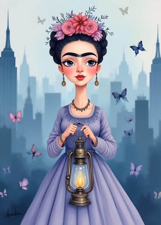 Mädchen im Frida-Kahlo-Stil mit Laterne und Schmetterlingen vor Stadtsilhouette